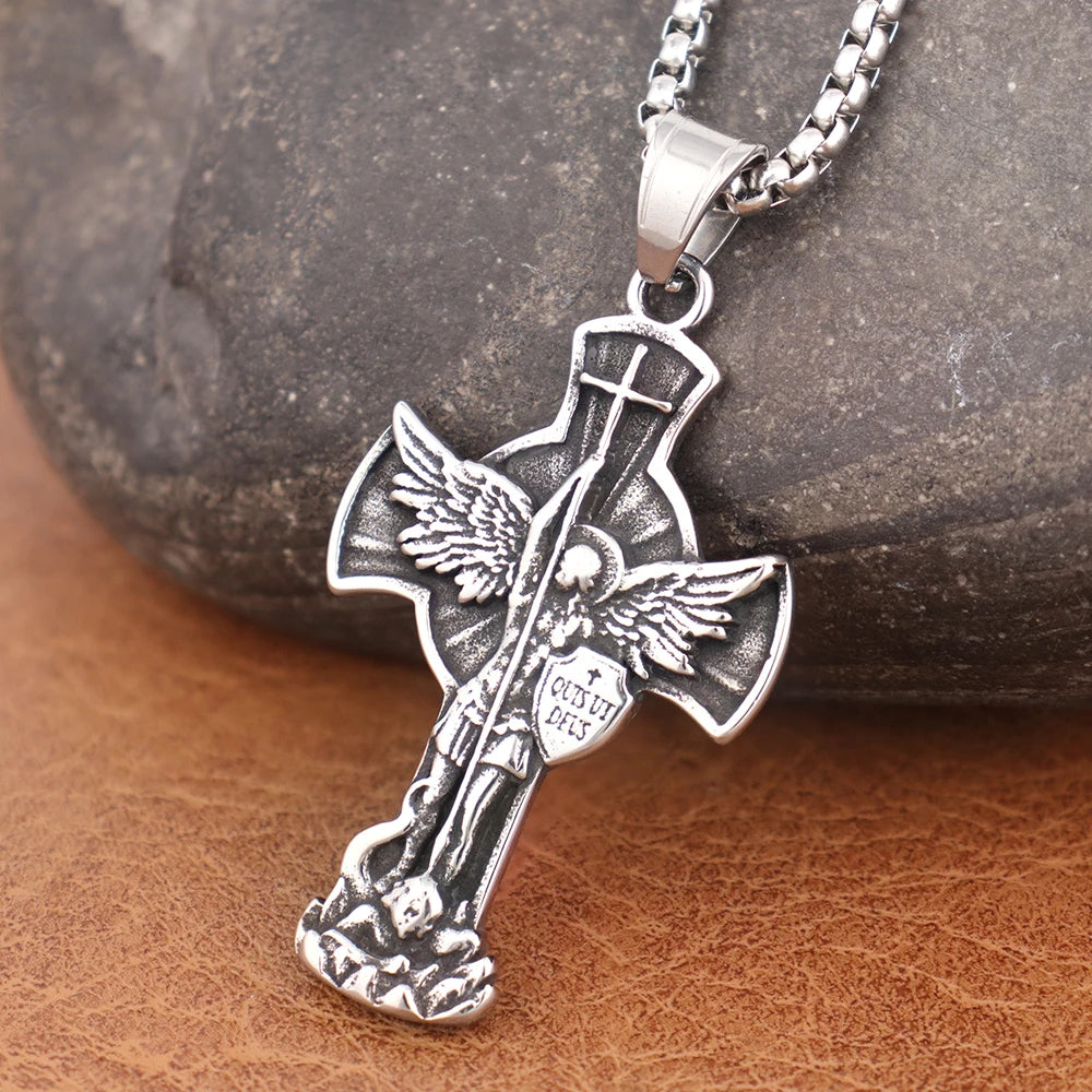 Retro Stainless Steel Saint Michael Pendant Chain Popular Charm Lucky Cross Necklace Amulet Jewelry Wholesale Man or Women Gift