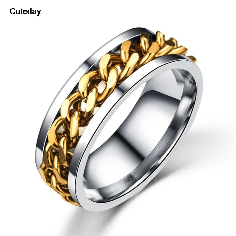 Stainless Steel Chain Rotating Anxiety Black Rings For Men Fidget Metal Spinner Knuckle Ring Anillos De Hombre