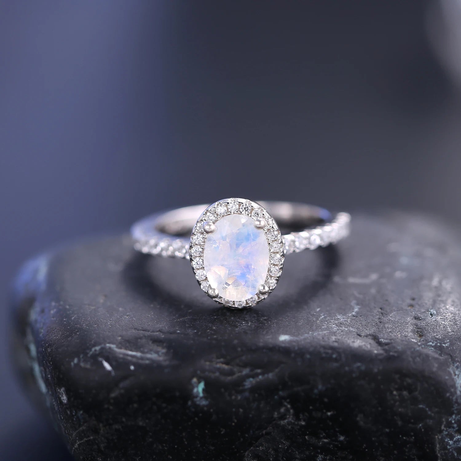 GEM'S BALLET June Birthstone Oval Milky Blue Moonstone Halo Engagement Ring in 925 Sterling Silver Dainty Promise Ring