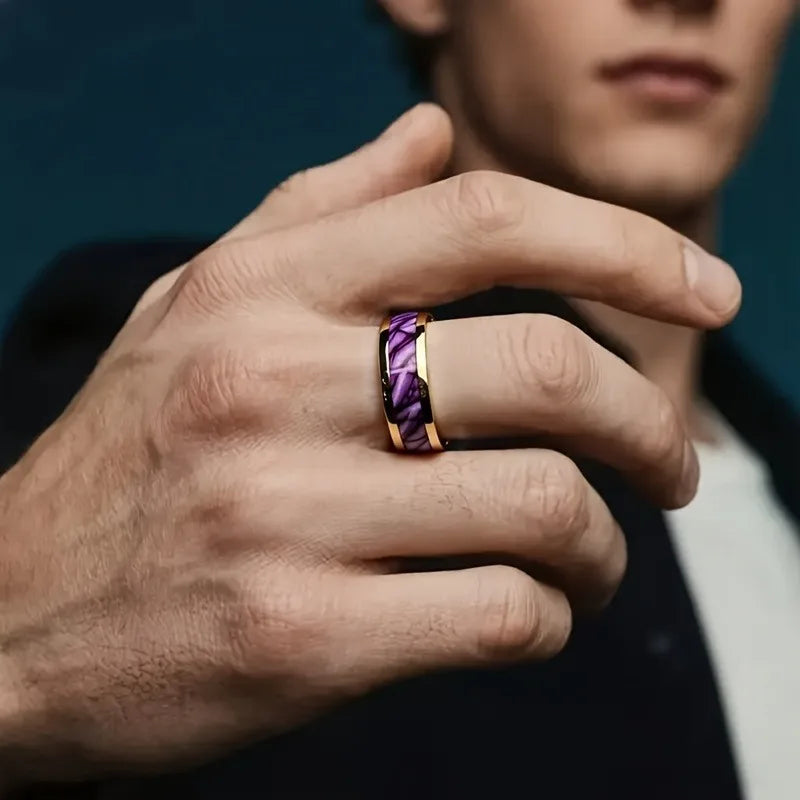Purple Abalone Shell Inlay Rings, Fashion 8mm Gold Color Men Stainless Steel Rings for Men Women, Wedding Band Jewelry Gift