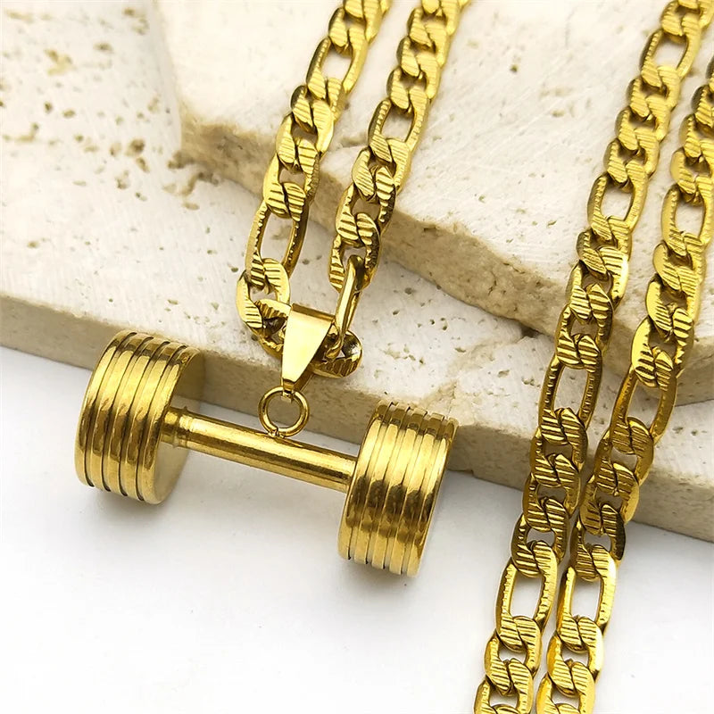 Gym Dumbbell Pendant Necklace for Women Men Stainless Steel Gold Silver Color Muscular Men Fitness Leisure Sports Chain Jewelry