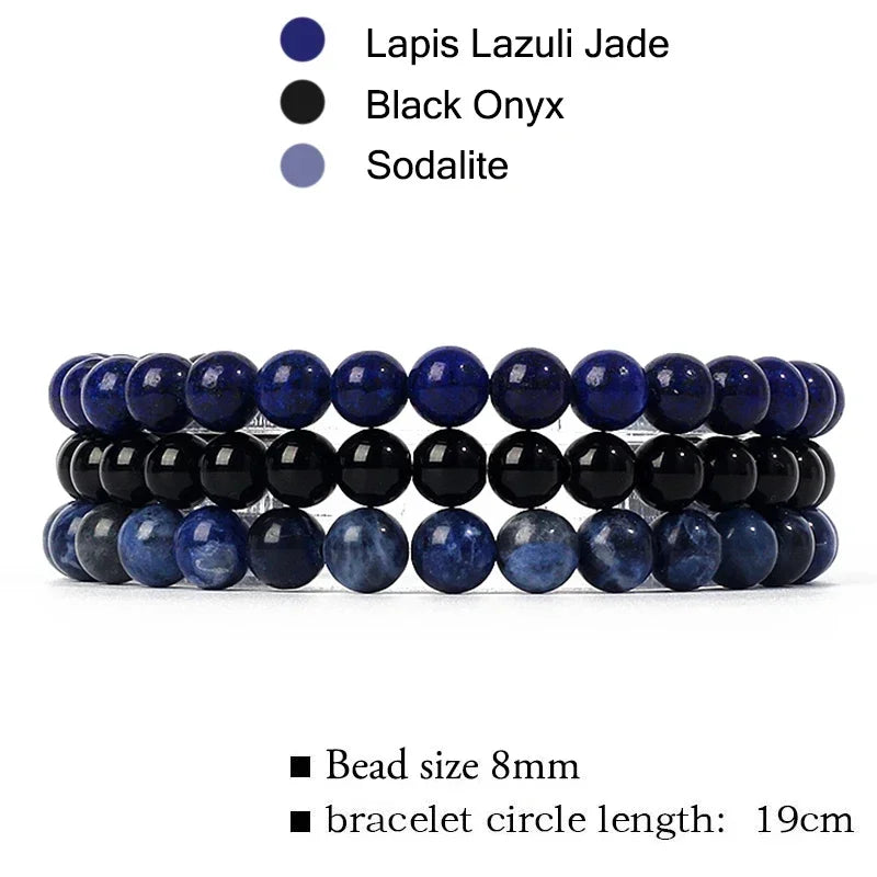 kirykle Natural Stone Bracelet Sets 3Pcs/set Obsidian Hematite Tiger Eye Beads Bracelets Men for Health Protection Soul Jewelry 9 18.5cm 8mm Beads