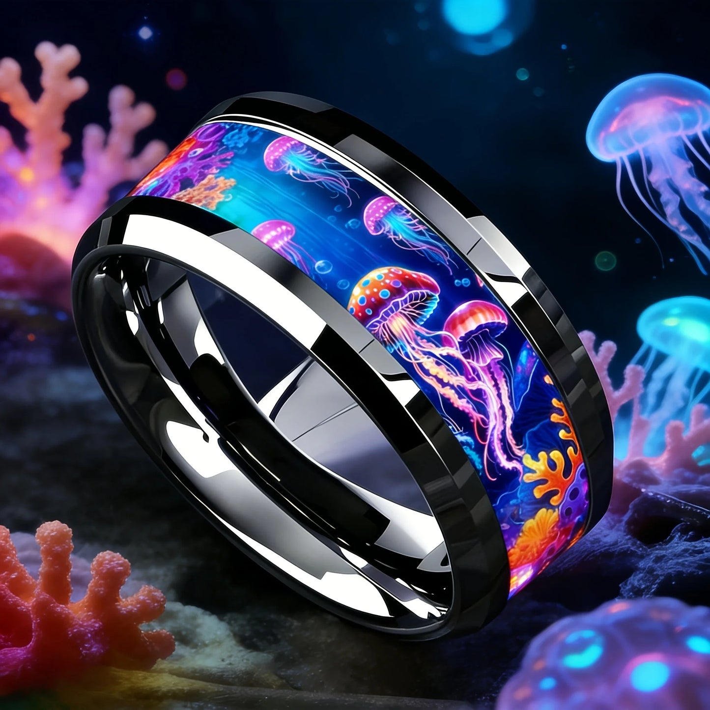 Cute Ocean-Themed 8mm Men Stainless Steel Ring with Dreamy Sea Jellyfish Pattern Inlay Rings for Teenager Wedding Party Jewelry