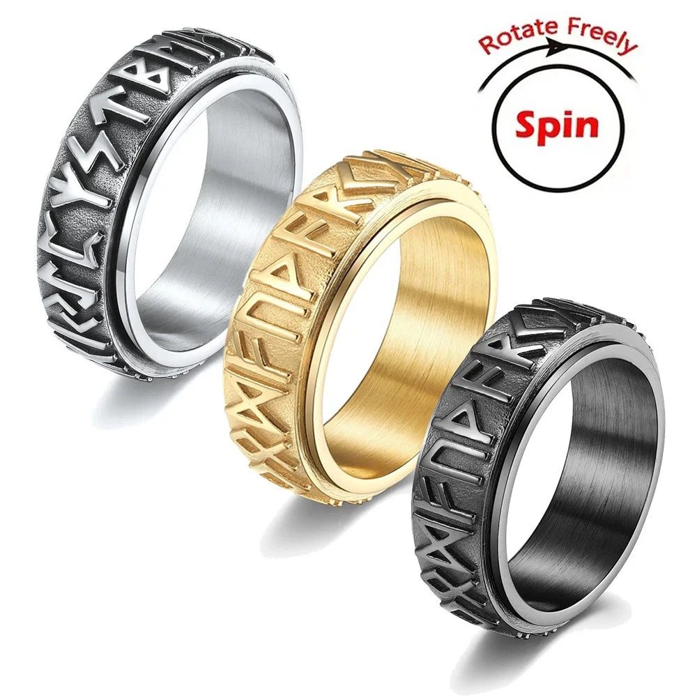 Vintage Odin Norse Viking Rune Rings For Men Women Viking Stainless Steel Spinner Fidgets Ring Retro Rock Party Jewelry Gift