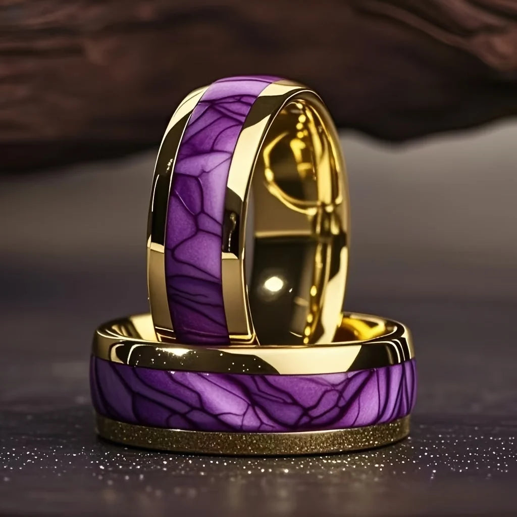 Purple Abalone Shell Inlay Rings, Fashion 8mm Gold Color Men Stainless Steel Rings for Men Women, Wedding Band Jewelry Gift