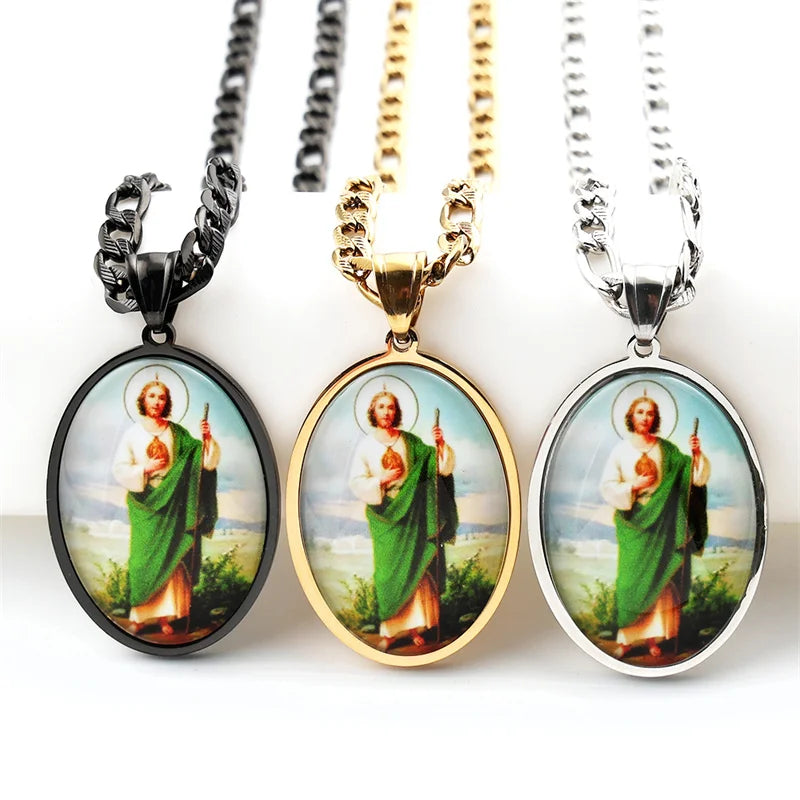 San Judas Tadeo Medal Pendant Necklace for Women Men Stainless Steel Gold Color Saints Apostle of Jesus Amulet Faith Jewelry
