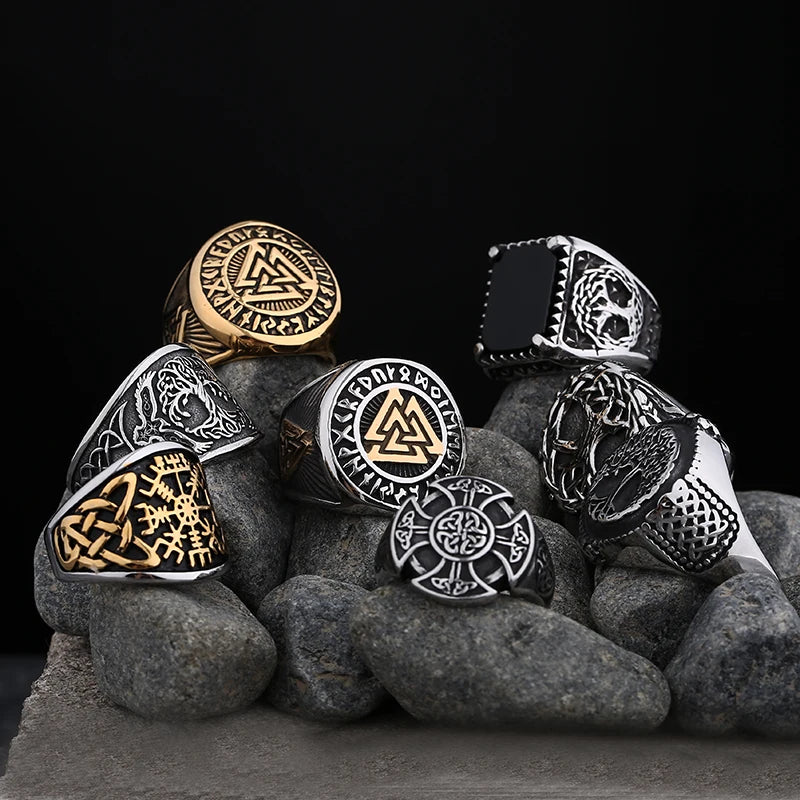 2023 New Viking Gothic Stainless Steel Odin Runes Ring Men Wedding Anels Womens Band Jewelry Gift Anel