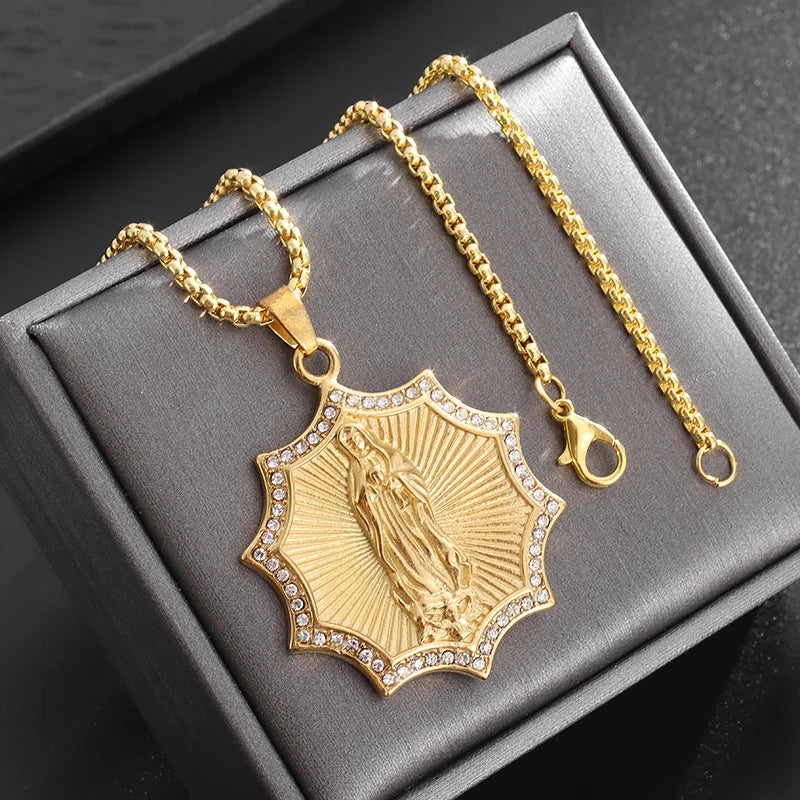 Classic Catholic Virgin Mary Square Pendant Necklace for Men Women Christian Religious Prayer Amulets Jewelry Gifts