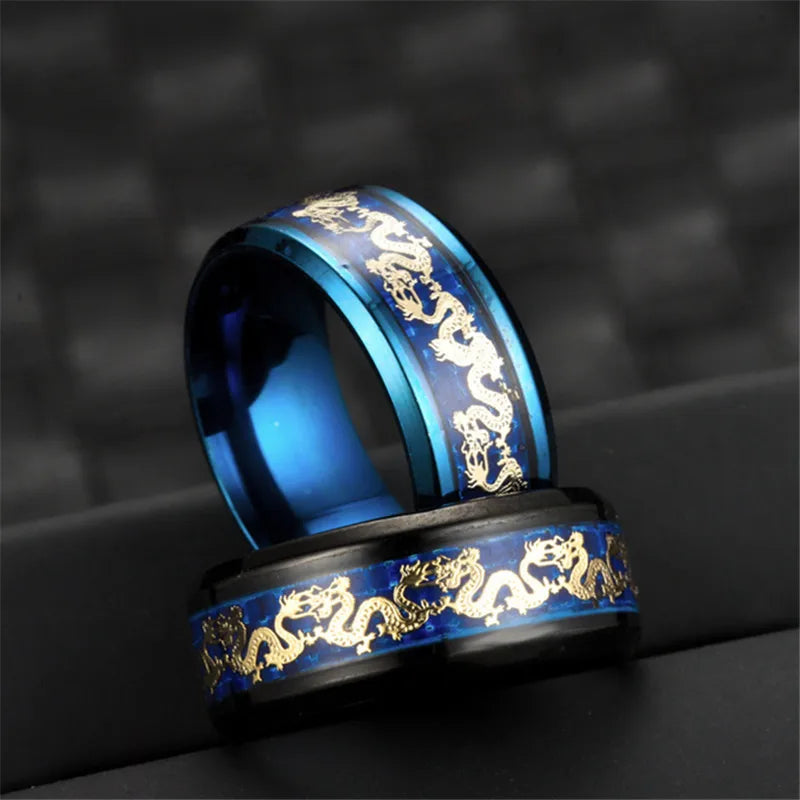 Fashion 8mm Men Stainless Steel Dragon Ring Vintage Punk Chinese Dragon Pattern Carbon Fiber Rings For Men Wedding Party Jewelry