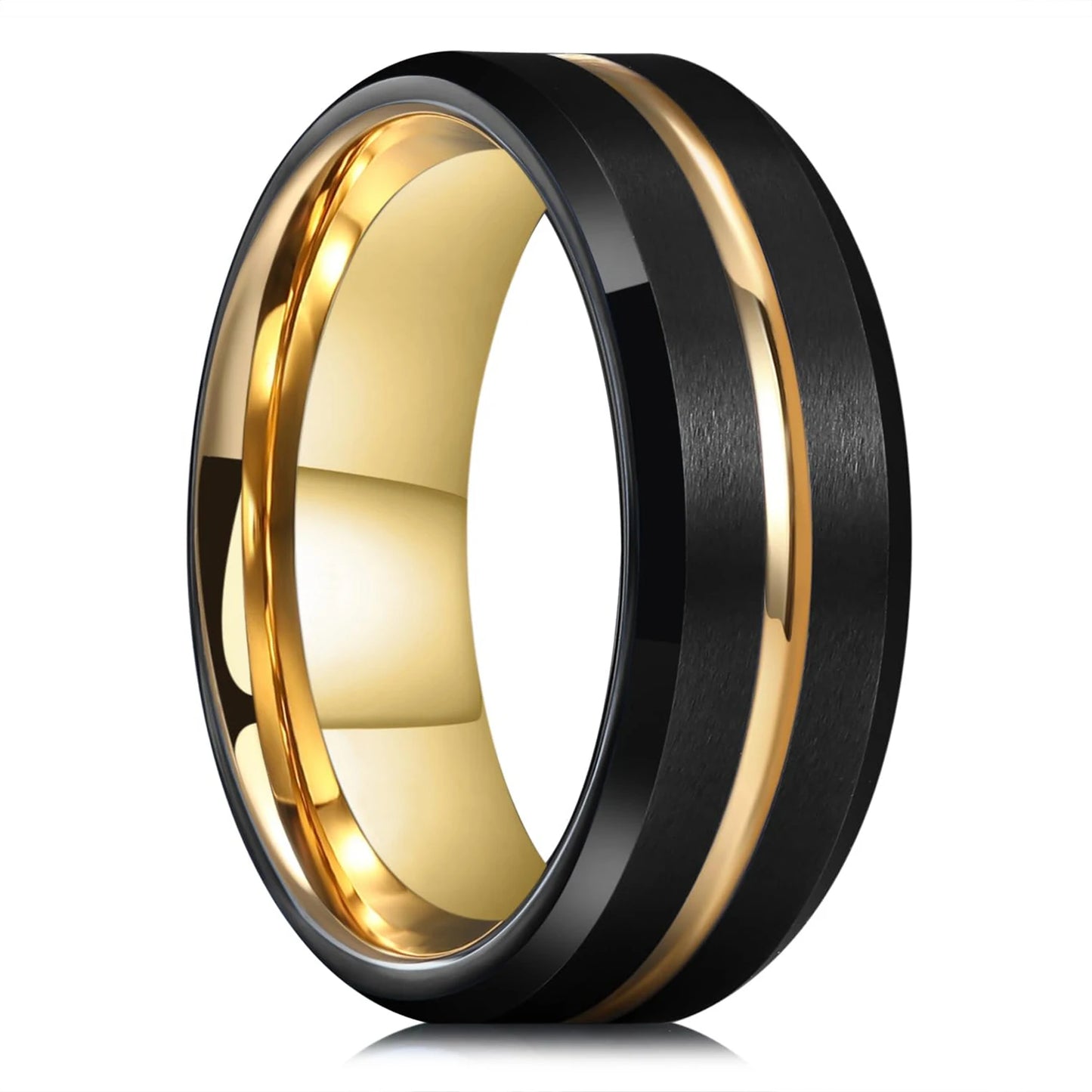 Trendy 8mm Men Stainless Steel Rings Black Brushed Gold Color Groove Beveled Edge Engagement Ring Men Wedding Jewelry Wholesale