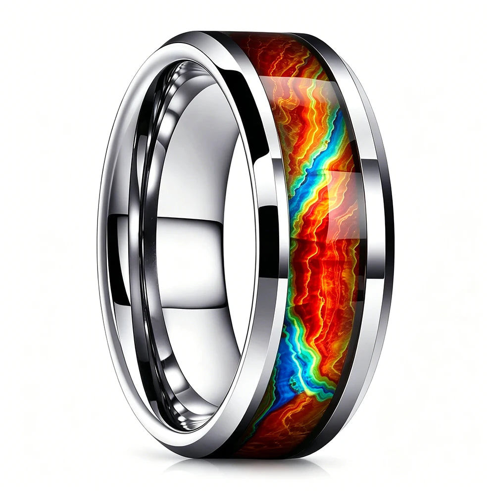 Fashion Men's Stainless Steel Ring with Flame Gradient Inlay Suitable for Daily Wear & Special Occasions, Gift for Him Non-Fade