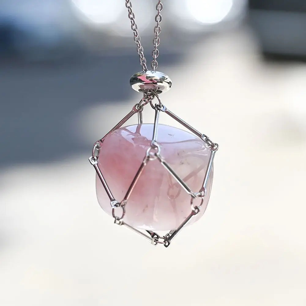 Crystal Holder Cage Necklace with Crystal Stone Interchangeable Adjustable Crystal Net Metal Necklace for Women Rose Quartz