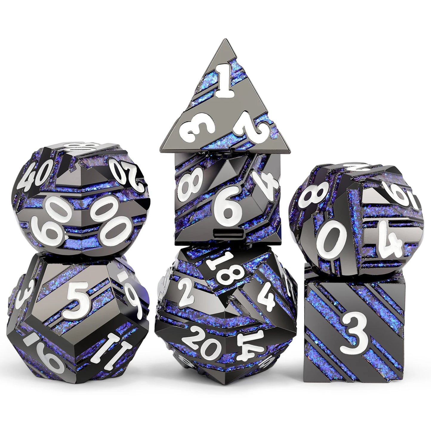 Stripe Metal Dice Set D&D,DNDND 7 PCS Zinc Alloy Metallic Dice Set with Great Package for Dungeons and Dragons DND and Talbletop Blue bar