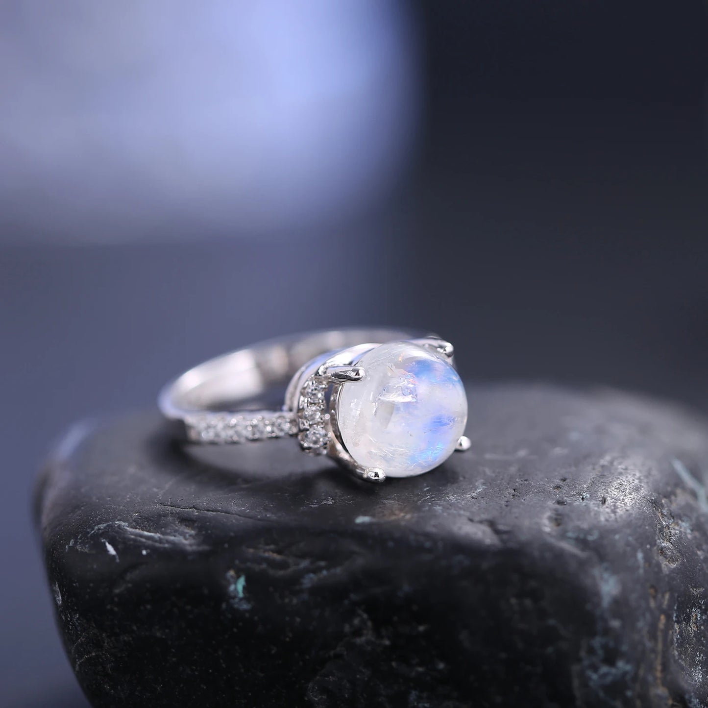 GEM'S BALLET 9mm Round Natural Milky Blue Moonstone Gemstone Ring in 925 Sterling Silver Birthstone Dainty Ring Gift For Her