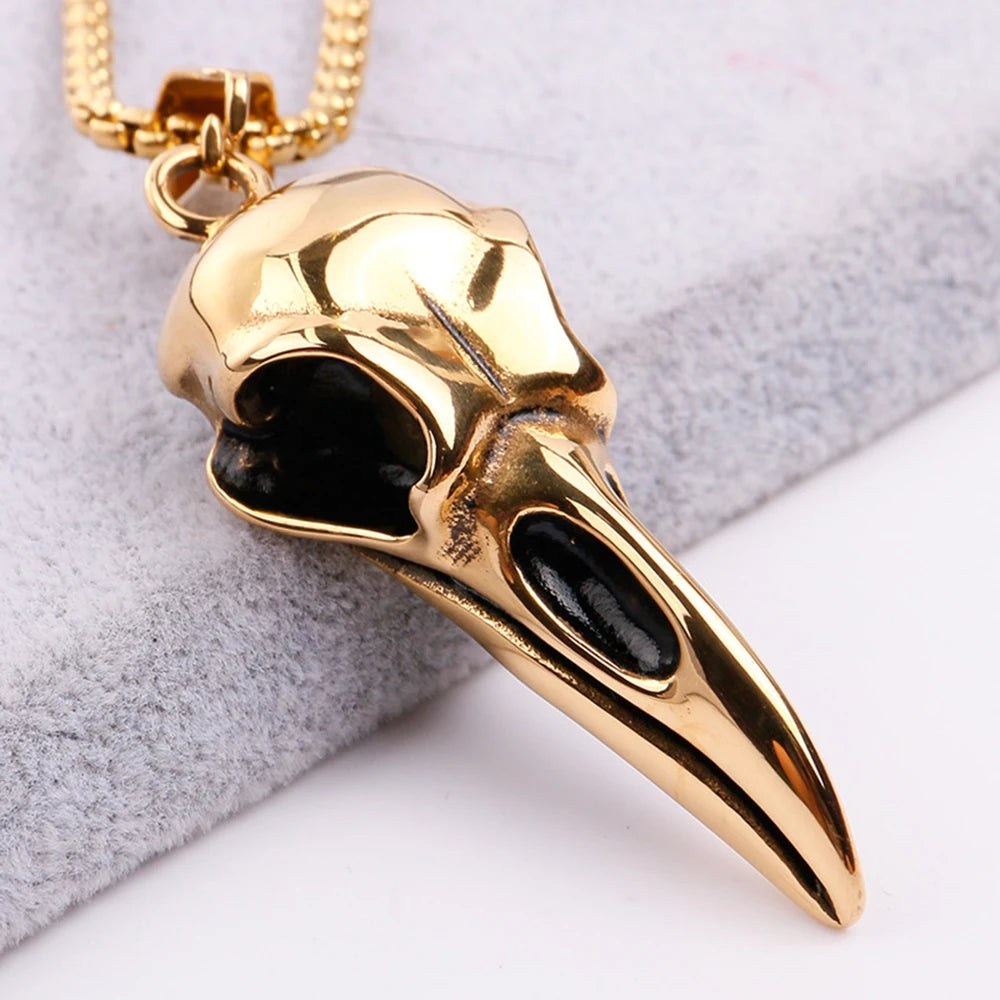 Vintage Nordic Viking Raven Head Bird Skull Pendant Necklace for Men Women Stainless Steel Punk Fashion Jewelry Gifts Wholesale 60cm Chain 1