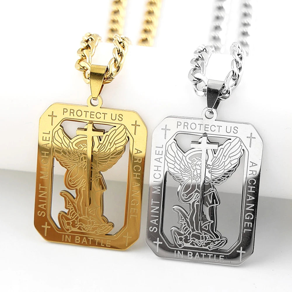 Archangel St.Michael Protect Us Medal Cross Pendant Necklace for Women Men Stainless Steel Saint Michael Amulet Chain Jewelry