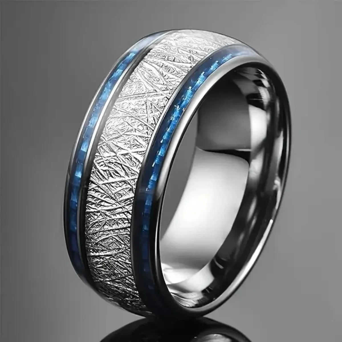 Fashion 8MM Men Stainless Steel Ring Vintage Meteorite And Blue Carbon Fiber Inlay Rings For Men Wedding Band Jewelry Wholesale