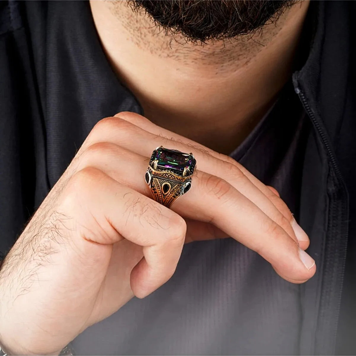 Retro Handmade Turkish Signet Rings For Men Ancient Silver Color Carved Eagle Ring Mystic Zircon Inlay New Punk Motor Biker Ring