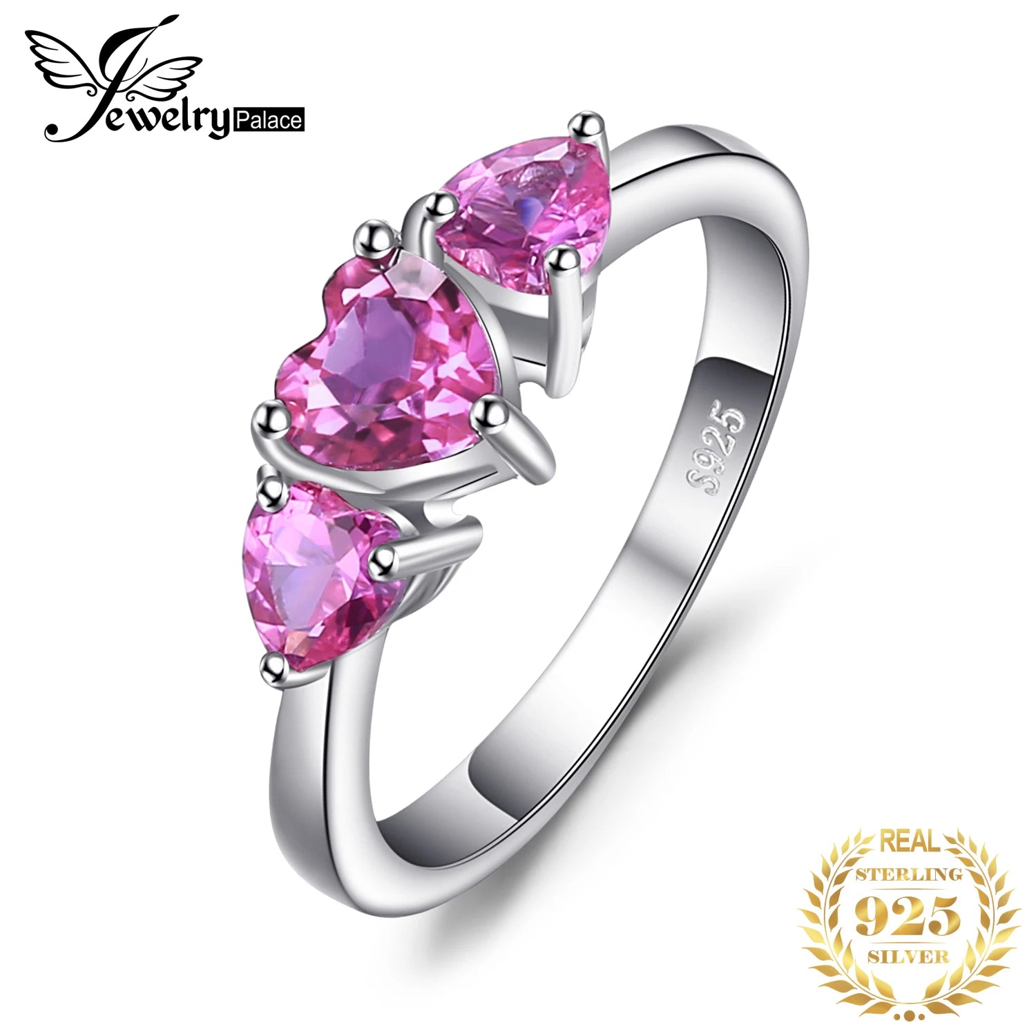 JewelryPalace Love Heart 1.2ct Created Pink Sapphire 925 Sterling Silver 3 stone Ring for Women Fashion Engagement Wedding Gift