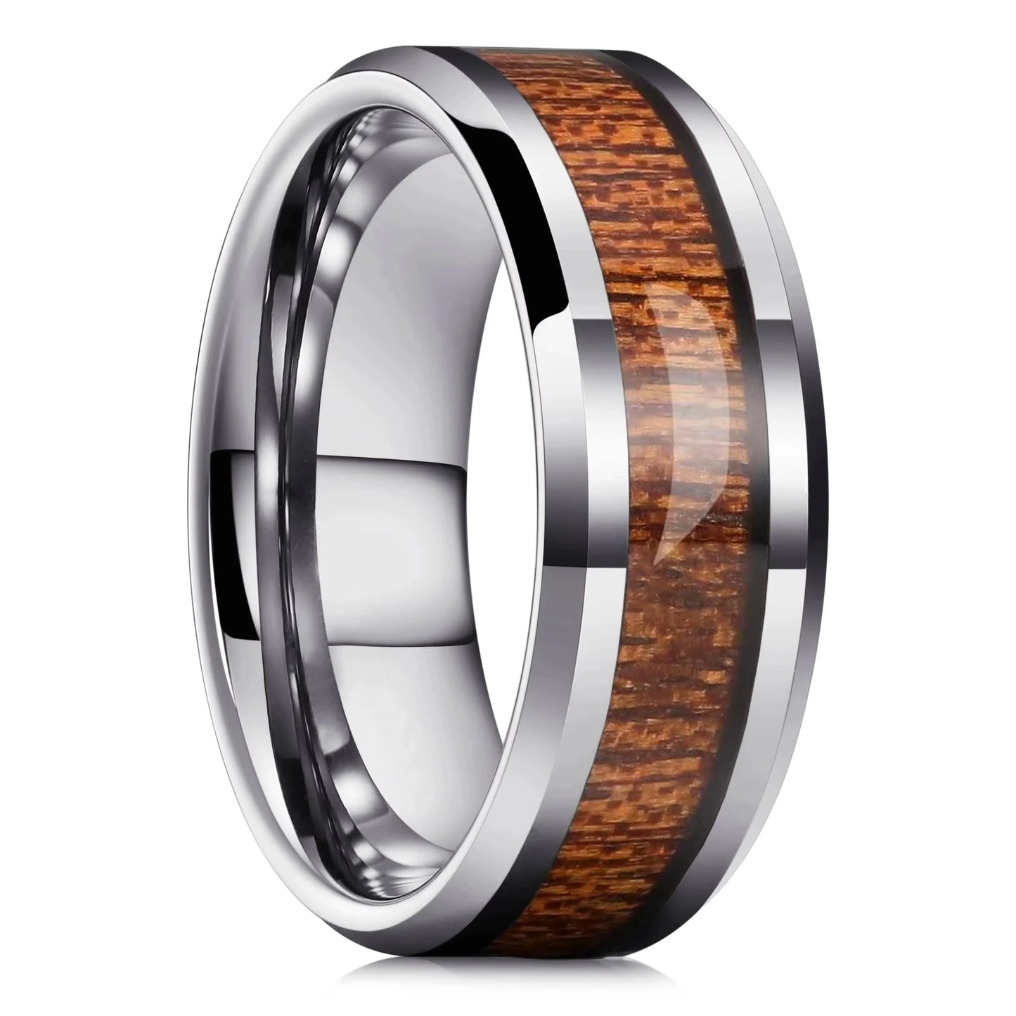 Fashion 8mm Men Black Titanium Wedding Rings Koa Wood Inlay Stainless Steel Rings for Men Wedding Band Anniversary Birthday Gift