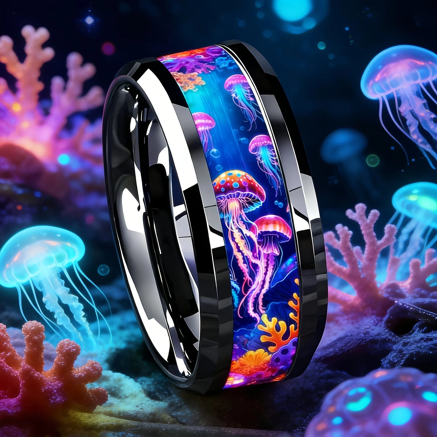 Cute Ocean-Themed 8mm Men Stainless Steel Ring with Dreamy Sea Jellyfish Pattern Inlay Rings for Teenager Wedding Party Jewelry
