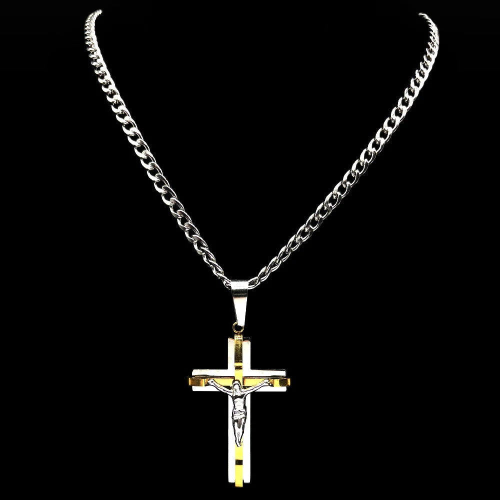 Jesus Cross Crucifix Pendant Necklace for Men Women Stainless Steel Gold Silver Color Punk Christian Chain Amulet Jewelry FS