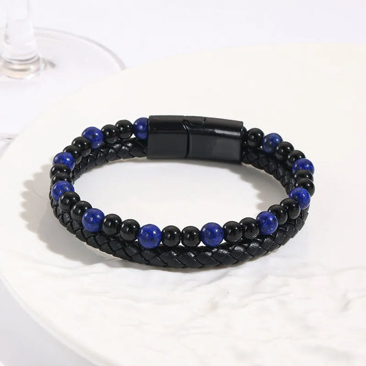 Black Shining Volcano Tiger Eye Bead Natural Stone Bracelet Men's Cowhide Rope Bracelet Hand String Jewelry Gift
