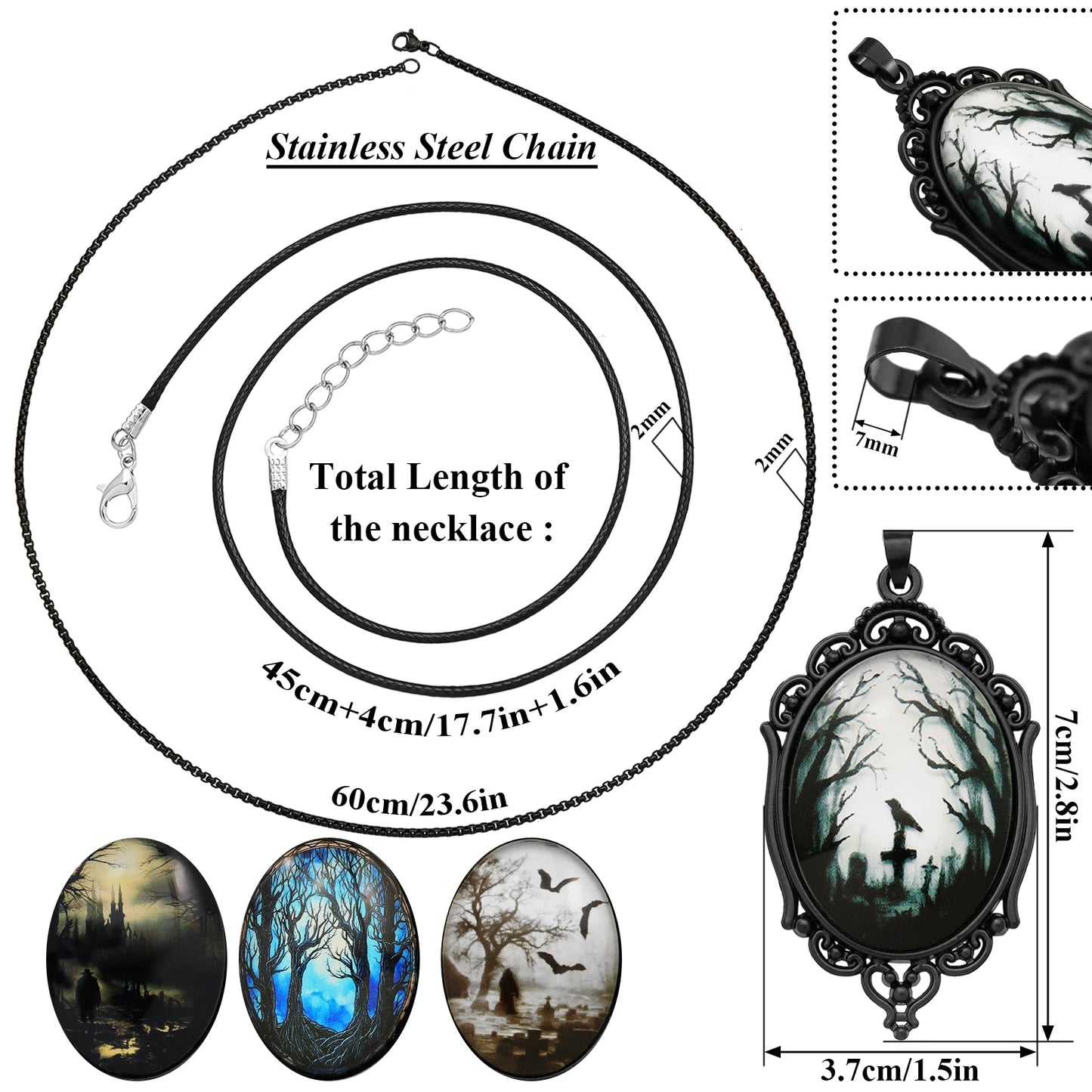 Gothic Raven Cross Glass Pendant Necklace Vintage Rope Chain Crow Choker Mystic Witch Jewelry Gift Accessories for Women Men