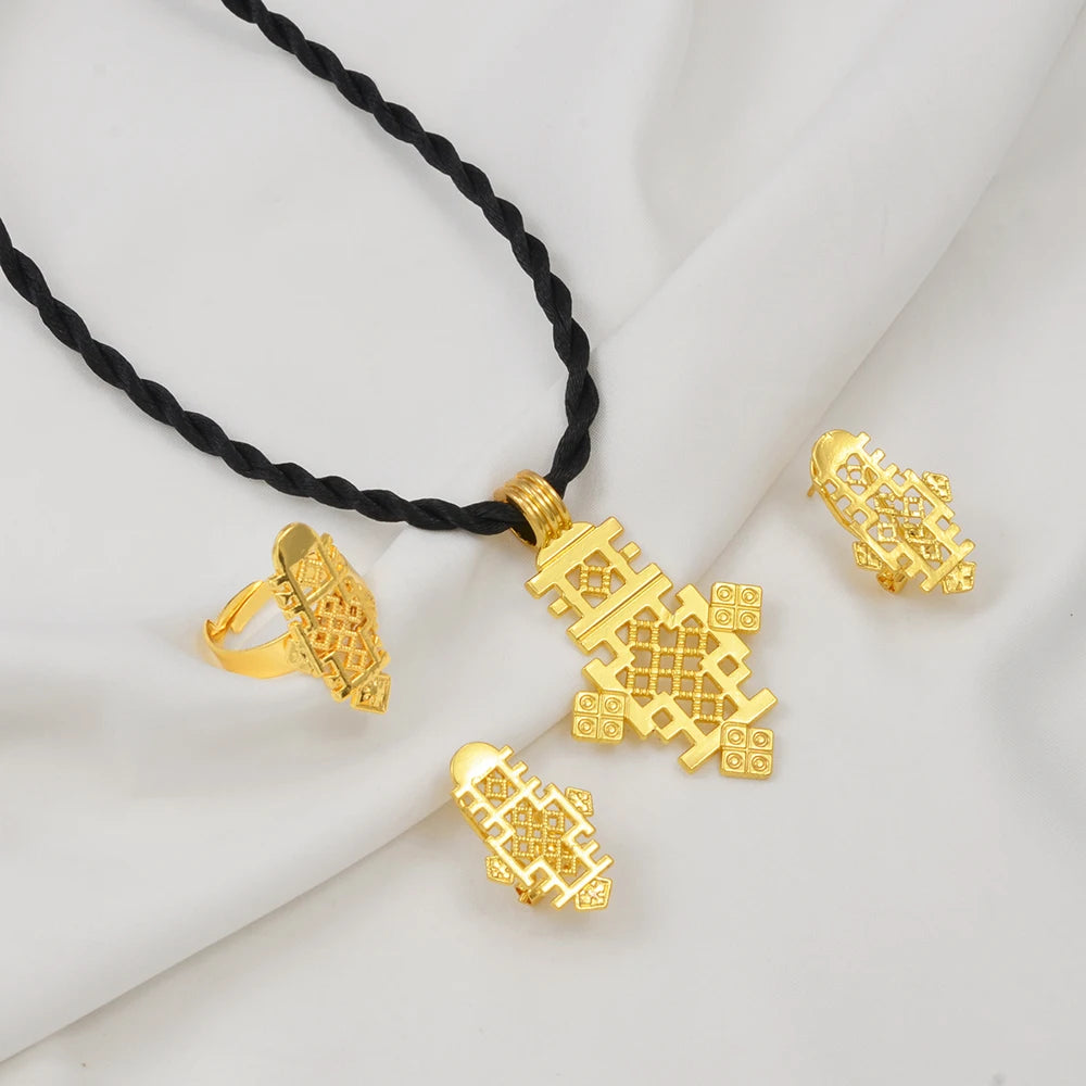 Ethiopian New Year Jewelry Sets Cross Necklaces Earrings Rings Eritrean Africa Bridal Christmas Day Party Gifts  #201316