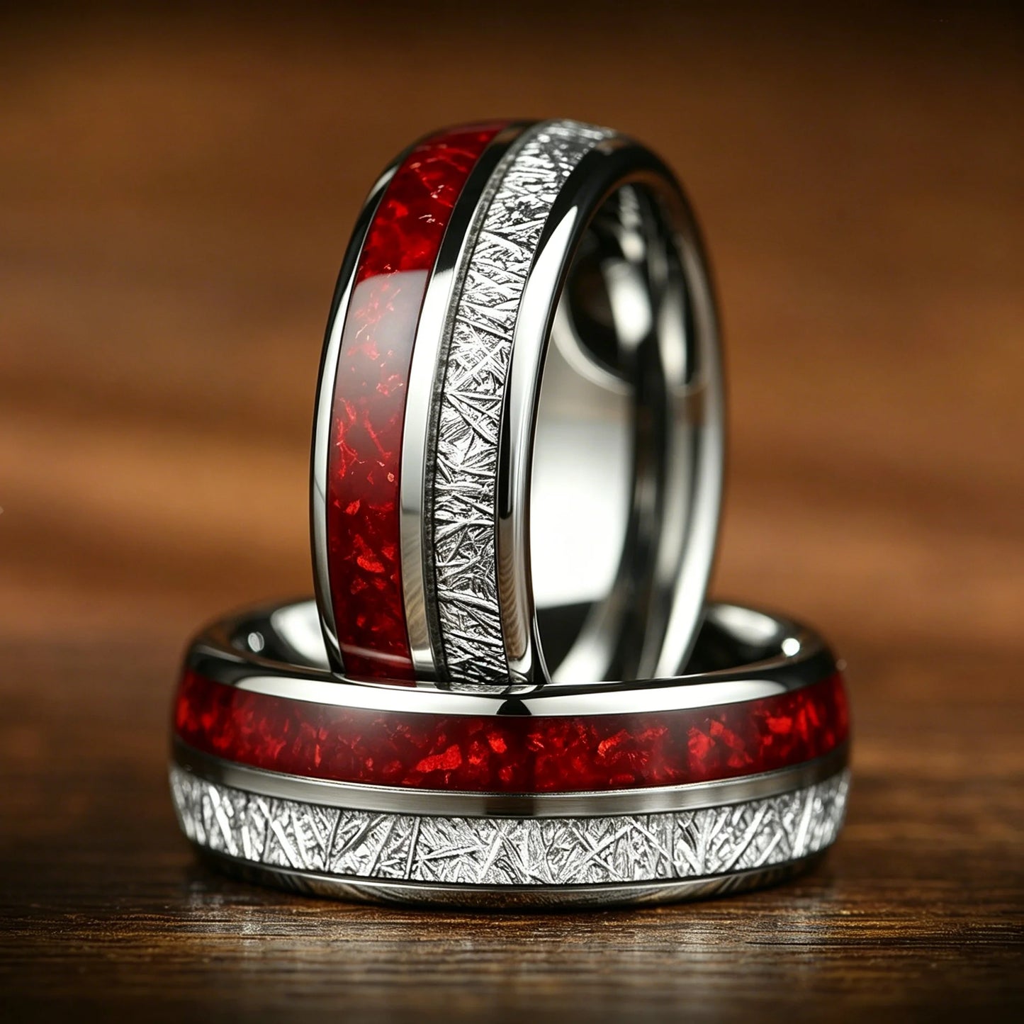 Luxury Red Opal & Meteorite Inlay Rings for Men Women, Fashion 8mm Silver Color Men Stainless Steel Rings, Wedding Band Jewelry