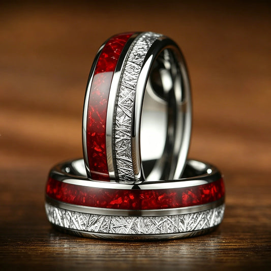 Luxury Red Opal & Meteorite Inlay Rings for Men Women, Fashion 8mm Silver Color Men Stainless Steel Rings, Wedding Band Jewelry