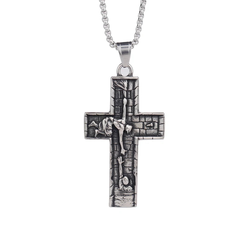 Vintage Design Jesus Savior Cross Pendant Chain High Quality Stainless Steel Lucky Prayer Necklaces Men Women Christian Jewelry