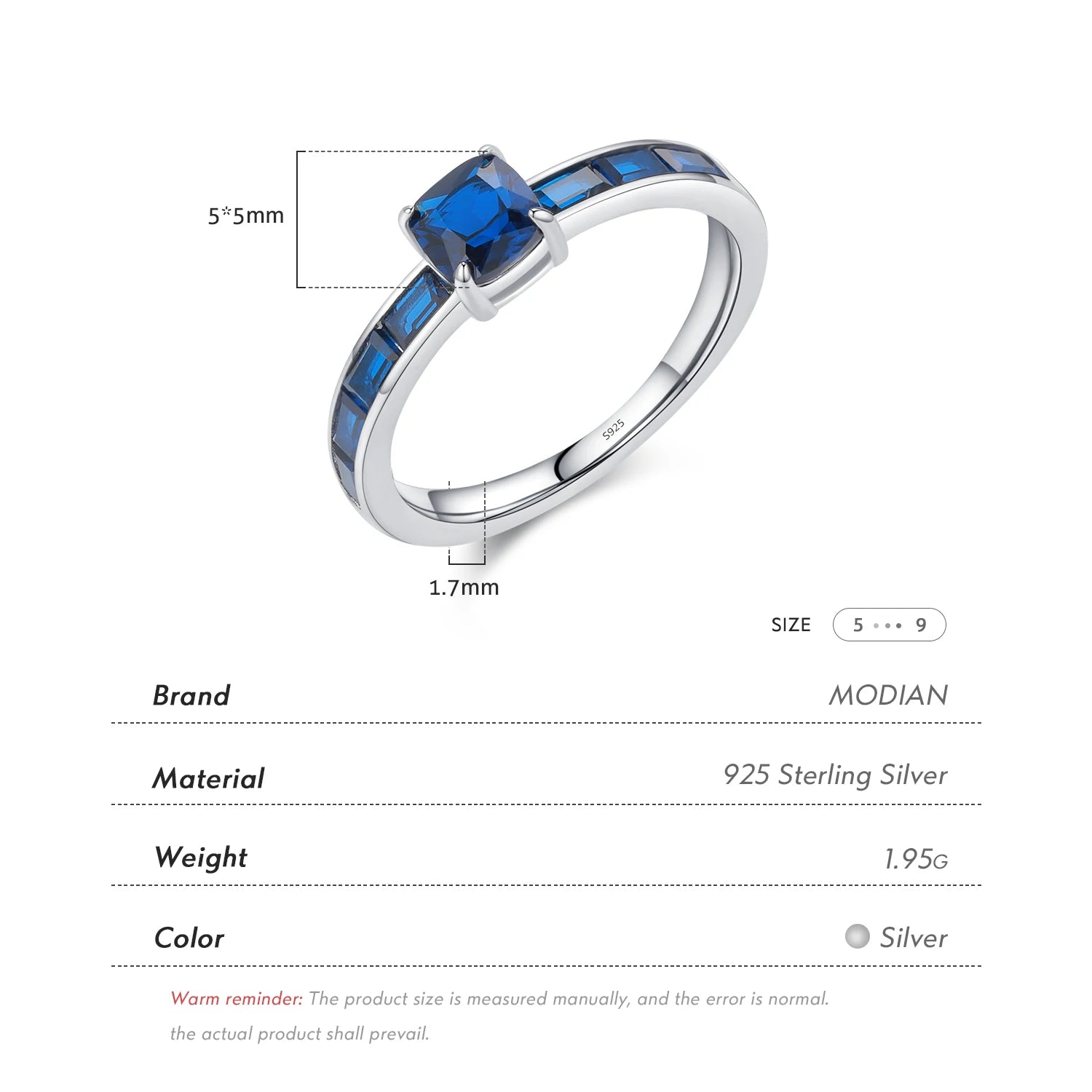 MODIAN 925 Sterling Silver Luxury Square Blue Cubic Zirconia Ring Classic Romantic Rings for Women Wedding Gift Fine Jewelry