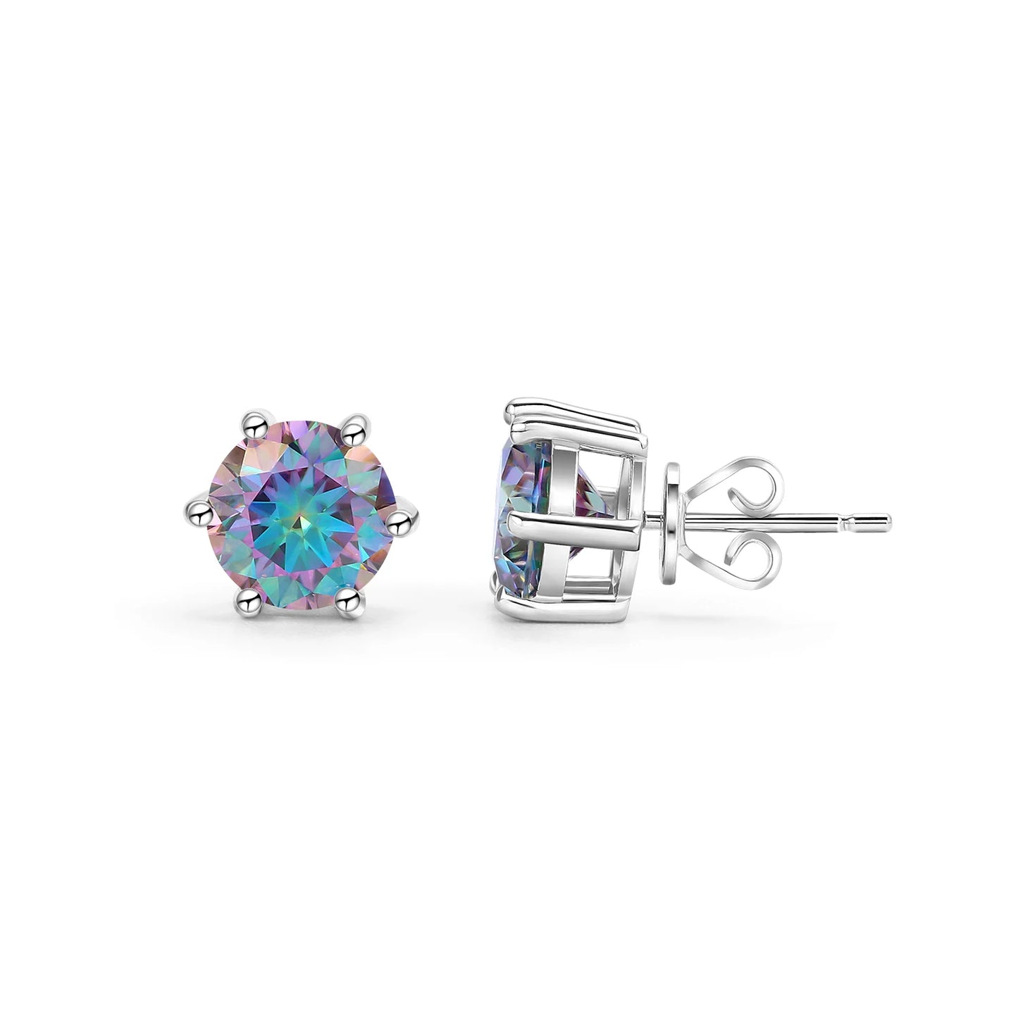 GEM'S BALLET Round Cut Pink Grey Yellow Moissanite Stud Wedding Earrings in 925 Sterling Silver Moissanite Six Prongs Earrings Rainbow-Blue