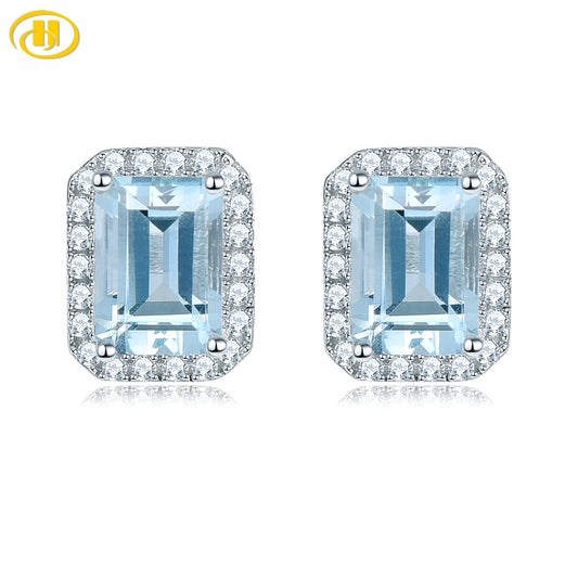 Natural Aquamarine Sterling Silver Stud Earring 2 Carats Genuine Light Blue Color Women Classic Style Anniversary Gifts Default Title