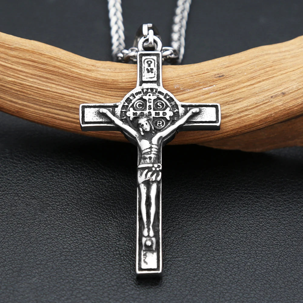 Vintage 316L Stainless Steel Crucifix With Saint Benedict Medal Pendant Necklace For Men Women Catholic Amulet Jewelry Wholesale
