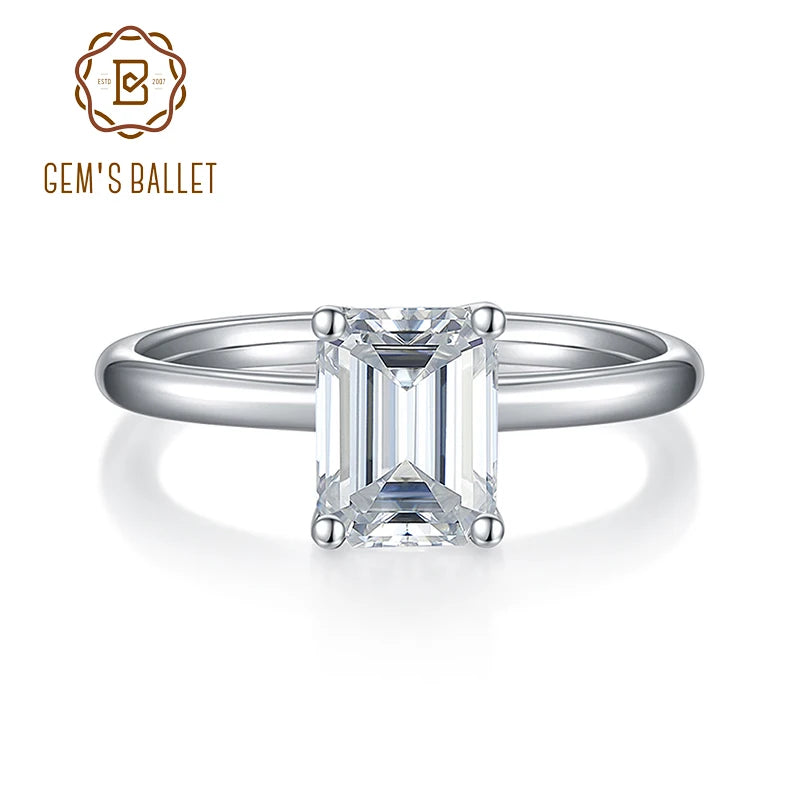 GEM'S BALLET 2ct 8x6mm Emerald Cut Moissanite Engagement Rings in 925 Sterling Silver with 18K White Gold Plated GRA Certified