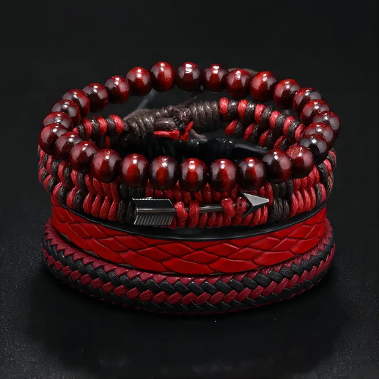 Red Beads Vintage Feather Casual 4 Pc/set Handmade Men Bracelets Male Women Leather Bracelets Men Bangle Wholesale Jewelry Gift