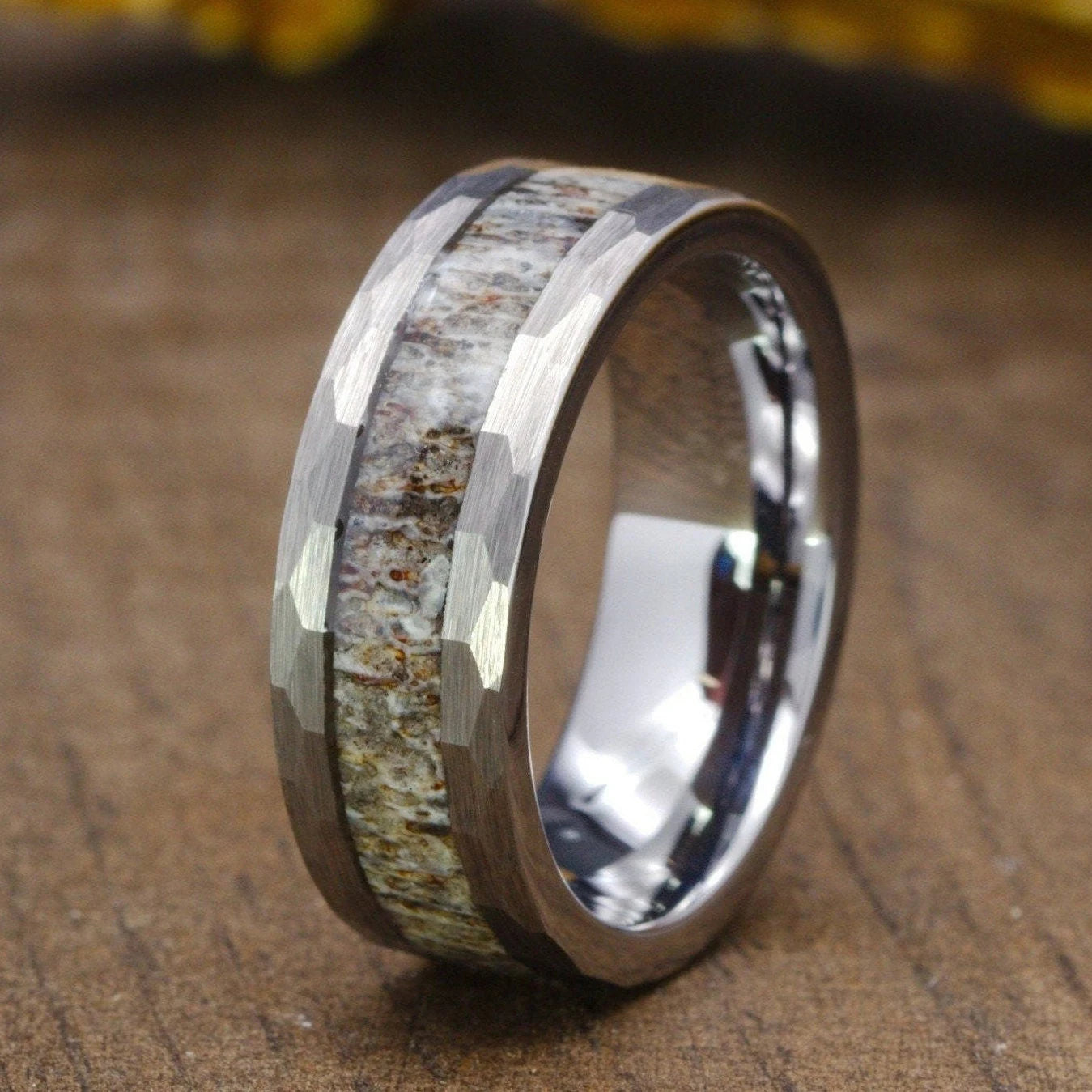 Fashion 8mm Hammered Silver Color Men Stainless Steel Rings Deer Antler Inlay Rings for Men Wedding Band Jewelry Wholesale