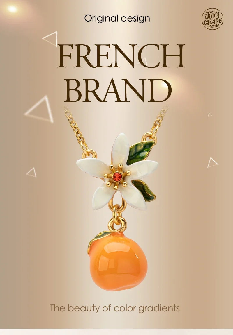 Necklace for Women Orange Gardenia Necklace 18K Gold Plated Sweet Fruit Flower Necklace Hand Painted Enamel Christmas Gifts