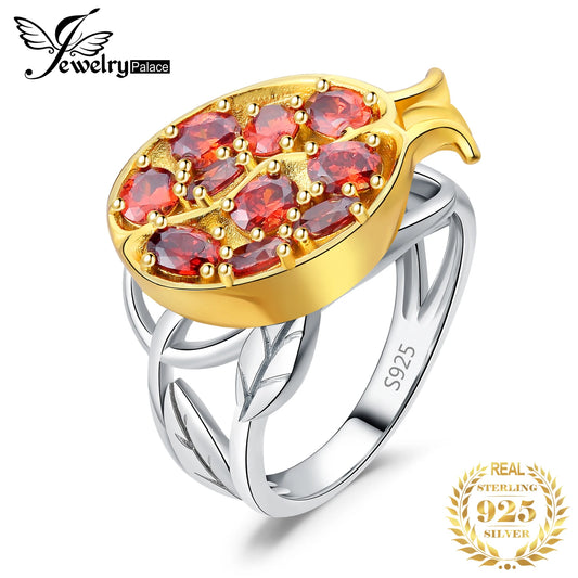 JewelryPalace New Arrival Pomegranate Leaf Red Gemstone 925 Sterling Silver Cocktail Ring for Woman Fashion Yellow Gold Plated 6