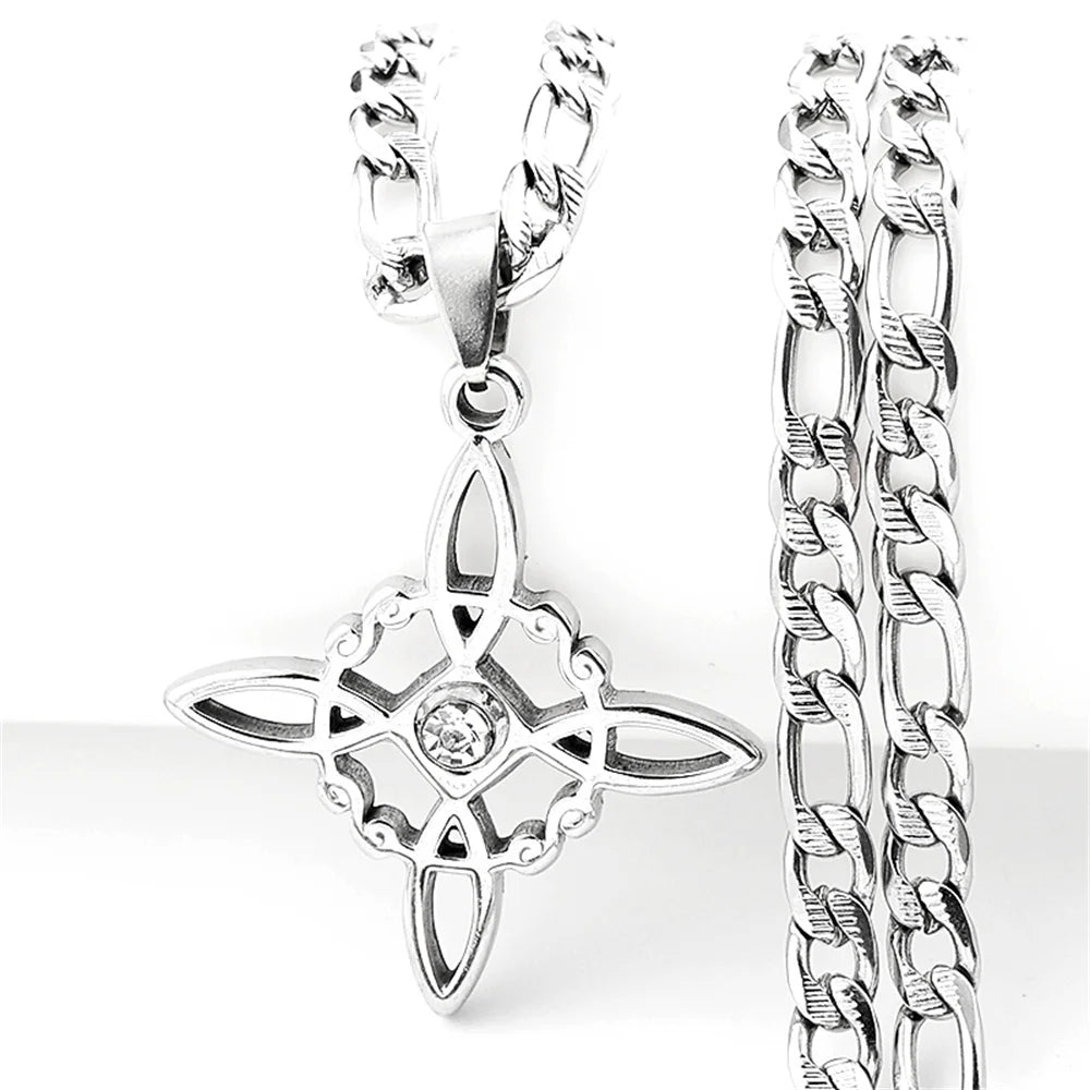 Stainless Steel Witch Knot Pendant Necklace for Women Men Gold Silver Color Rhinestone Wicca Pagan Chain Amulet Lucky Jewelry