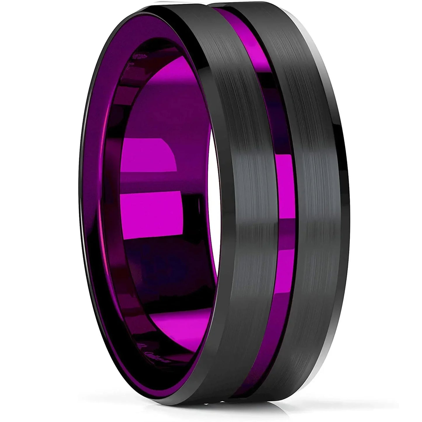 Trendy 8mm Men Frosted Stainless Steel Rings, Gold Color Brushed Groove Beveled Edge Engagement Rings For Men, Wedding Jewelry
