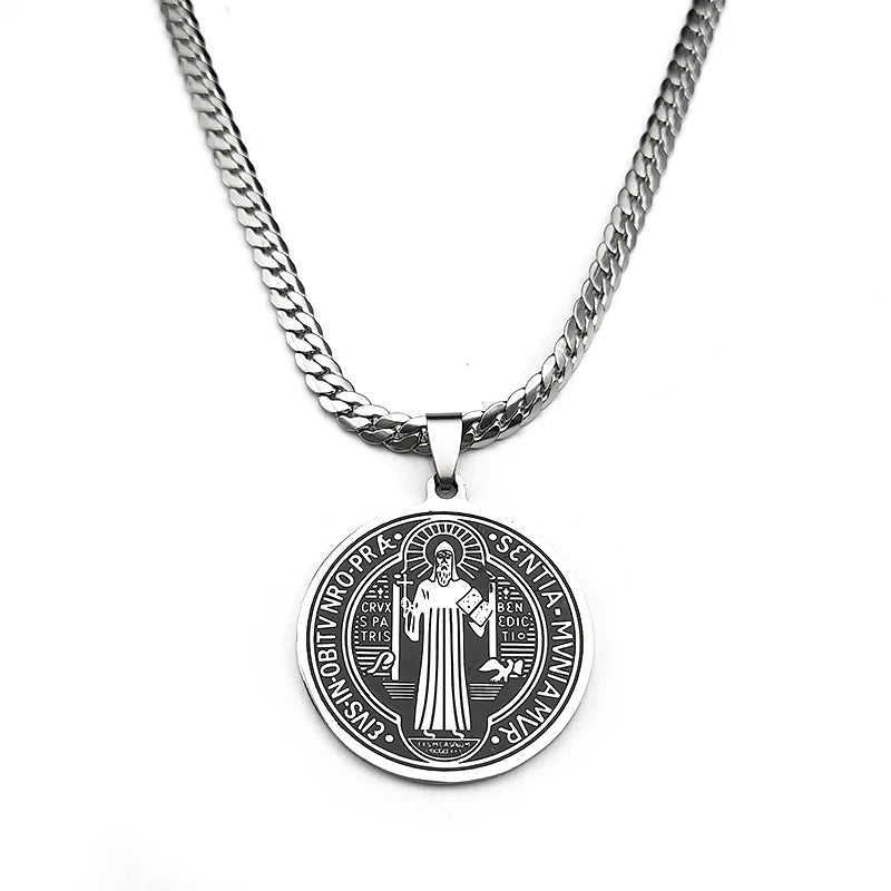 San Benito Exorcist Pendant Necklace for Women Men Stainless Steel Christian Saint Benedict Religious Amulet Chain Jewelry