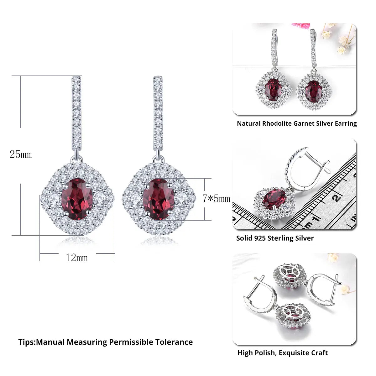 Natural Rhodolite Garnet Solid Sterling Silver Drop Earring 1.9 Carats Genuine Rose Garnet Romantic Classic Fine Jewelry Gifts