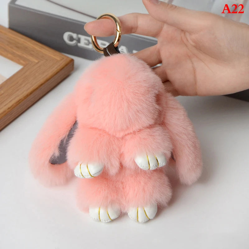 Rabbit Keychain Ring Fluffy Real Fur Pompon Bunny Trinket Key Chain Charm Cute Key Ring On Bag Car Key Pendant Pink
