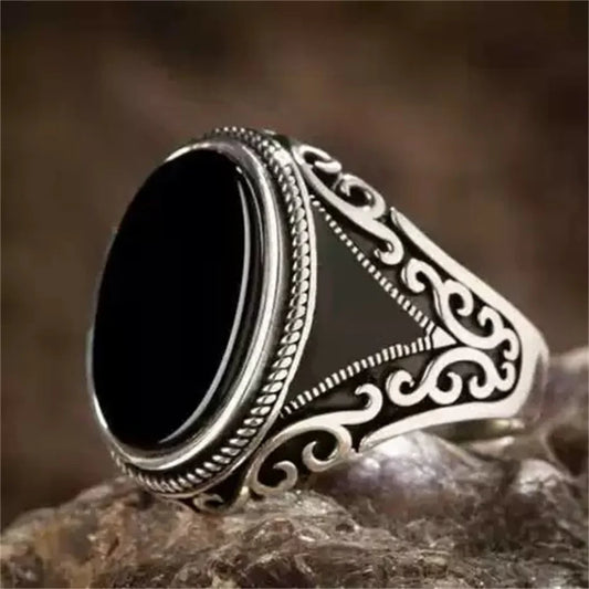 Vintage Men's Handmade Turkish Black Zircon Stone Ring Ancient Silver Color Pattern Ring Trendy Islamic Religious Muslim Jewelry