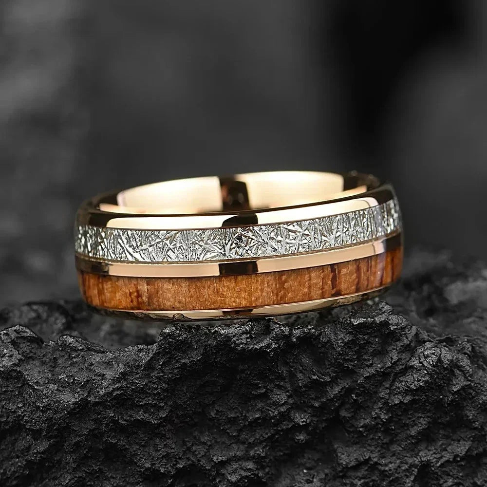 8MM Men's Koa Wood Inlay Stainless Steel Ring Unique Silver Meteorite Steel Rings For Gift Luxury Party Wedding Band Jewelry