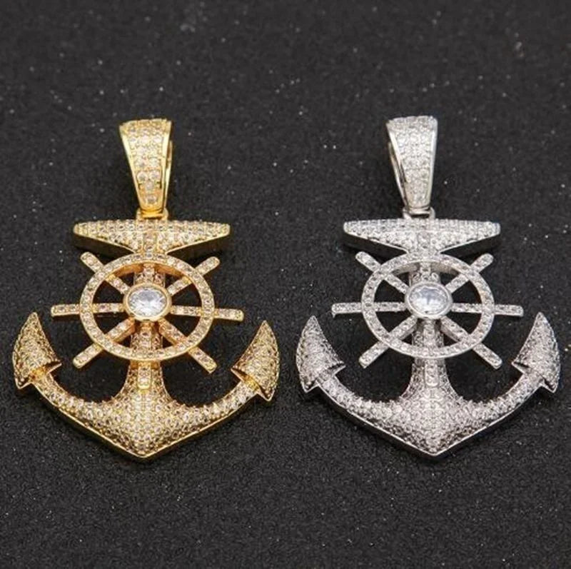 Hip Hop Ice Out Anchor Pendant Necklace for Men Women Fashion Rock Jewelry Music Festival Party Christmas Gift
