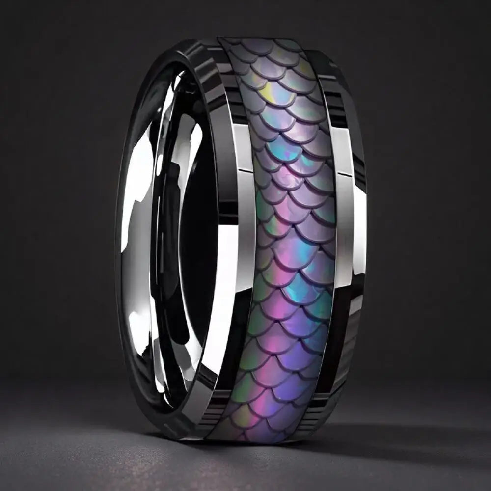 Fashion Men's Stainless Steel Rings Punk Colorful Dragon Scale Pattern Inlay Ring Daily Wear Jewelry, Gift for Him Non-Fade